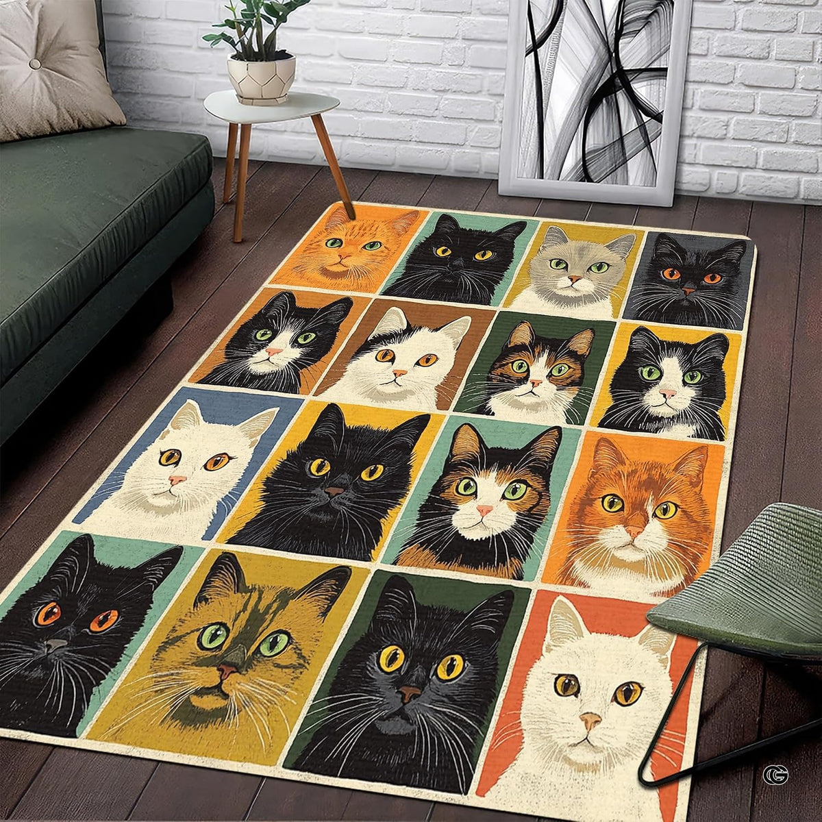 Living room seating setup featuring the retro cat breeds patchwork grid colorblock area rug