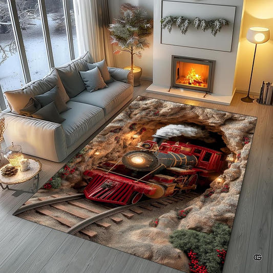 Vintage holiday steam train mountain tunnel rectangular area rug in top overhead view