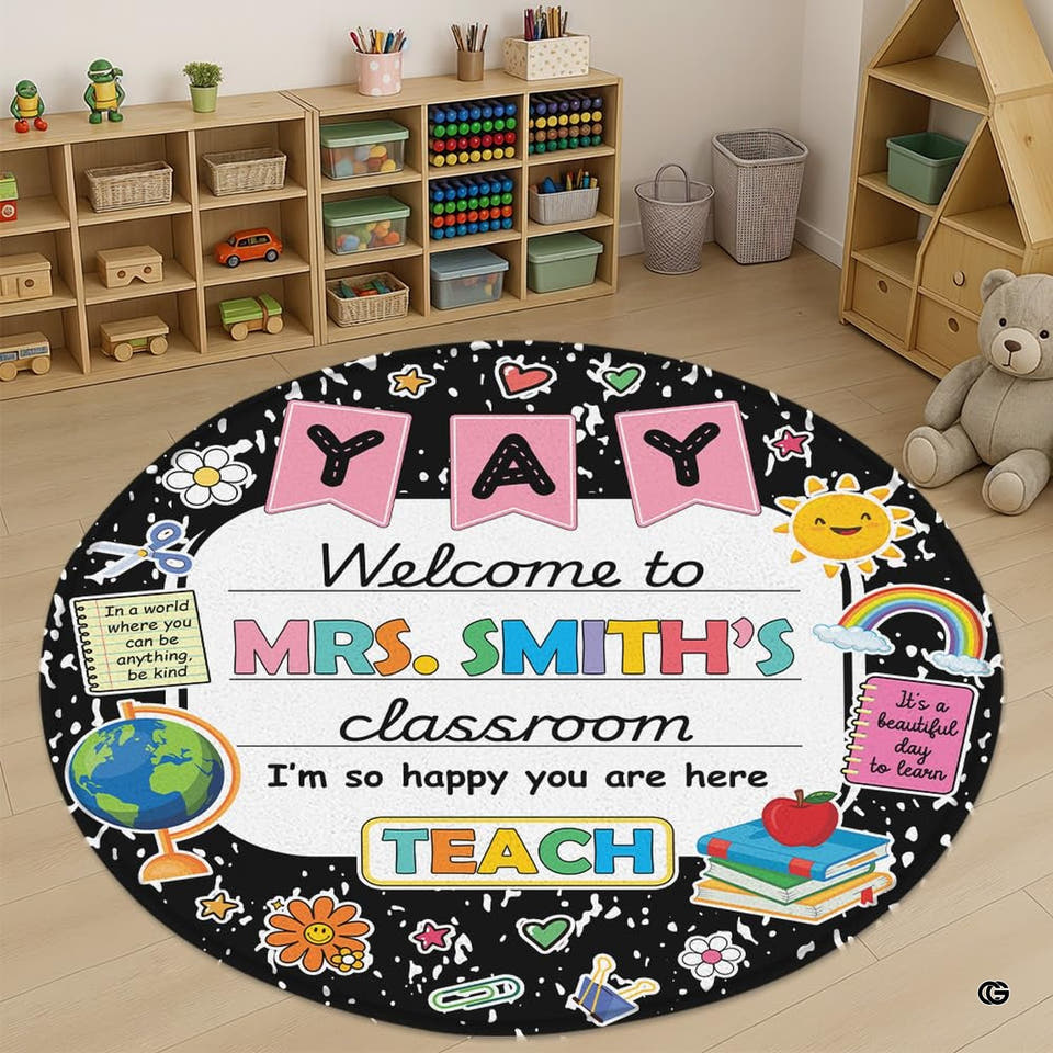 Boho rainbow carpet classroom area rug featuring earthy pastel arches and botanical sprigs.