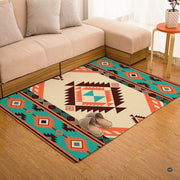 Detailed decorative corner view showing serrated geometric borders on an ivory and chocolate tribal rug. - thumbnail image 7 of 7