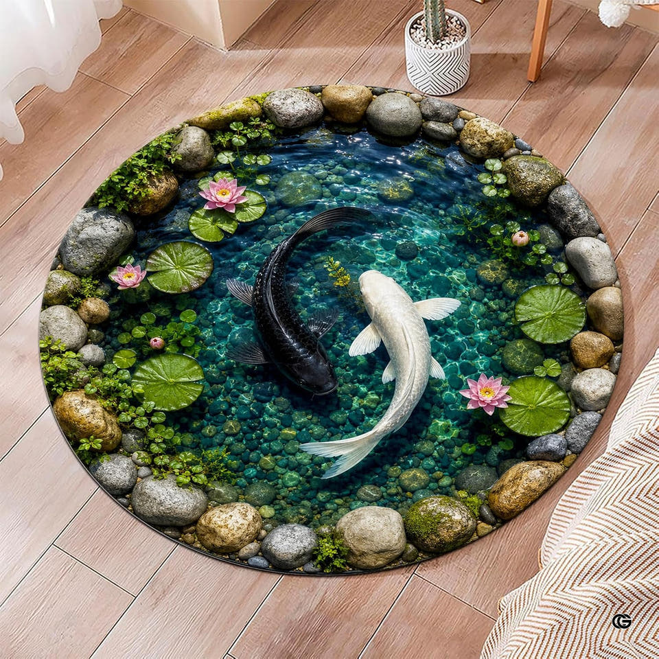 Round area rug showing 3D koi pond motif with swimming black and white fish, river pebbles, and pink lilies.
