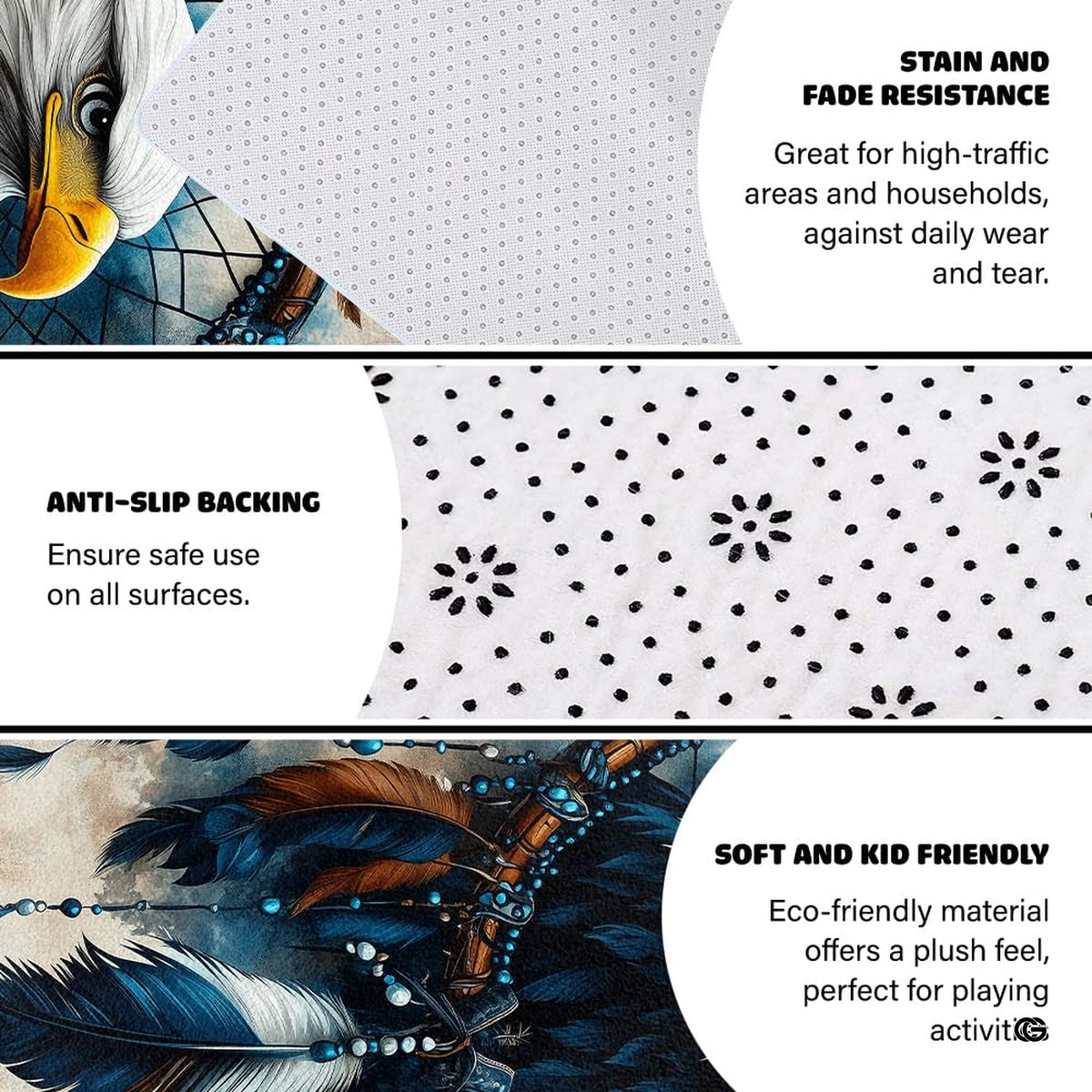 Anti-slip dot backing and hemmed edge stitching on eagle feathers rug - image 4 of 7