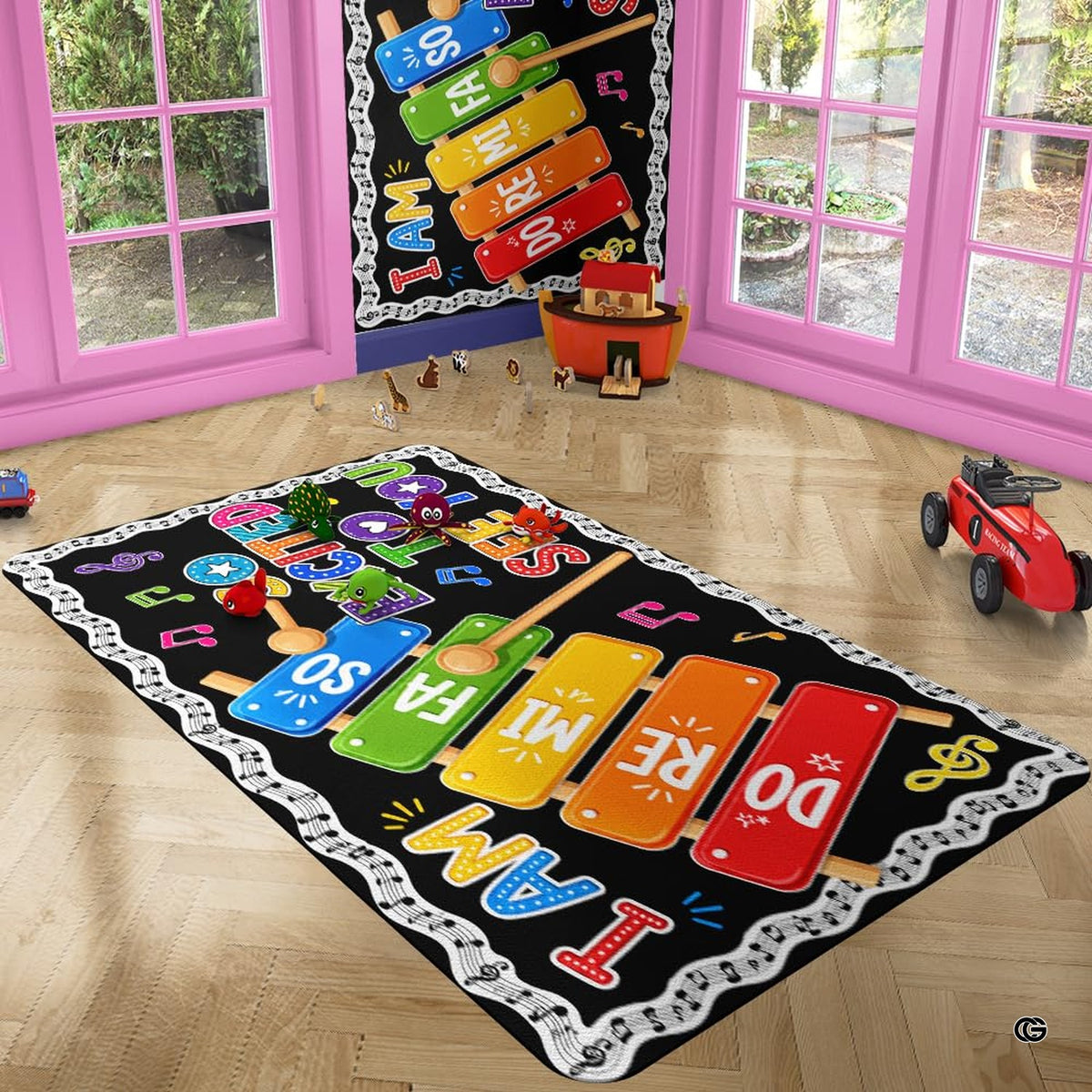 Overhead perspective displaying wavy music staff border, stars, and treble clef details.