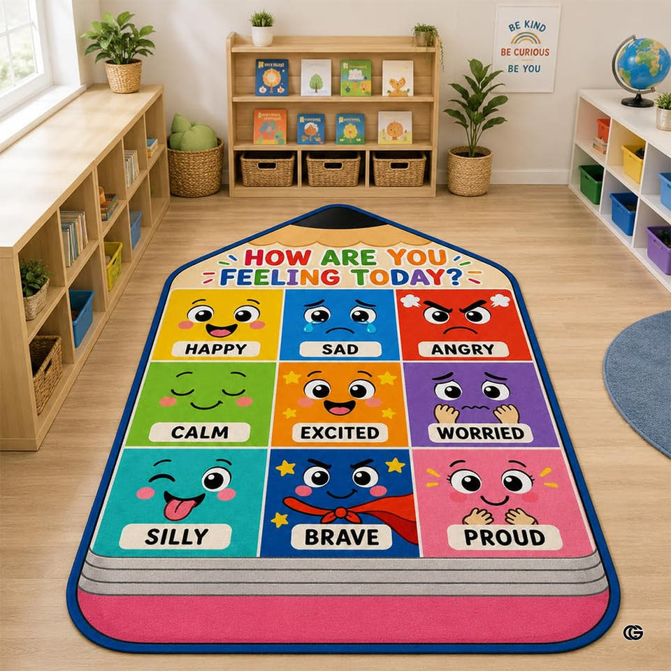 Pencil-shaped classroom rug with nine labeled emotion faces and How are you feeling today text