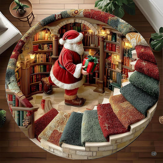 Round Santa library rug with gifts and colorful curved staircase