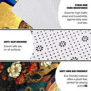 Close view of coral orange and white blossoms on antique gold floor rug design. - thumbnail image 4 of 8