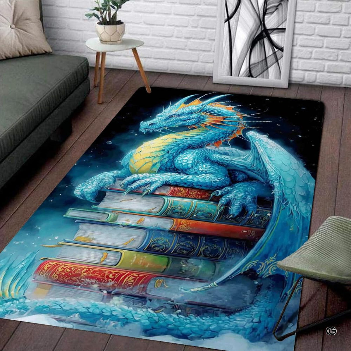 Majestic azure cyan blue dragon with golden horns resting on a tall stack of vintage leather-bound books area rug.