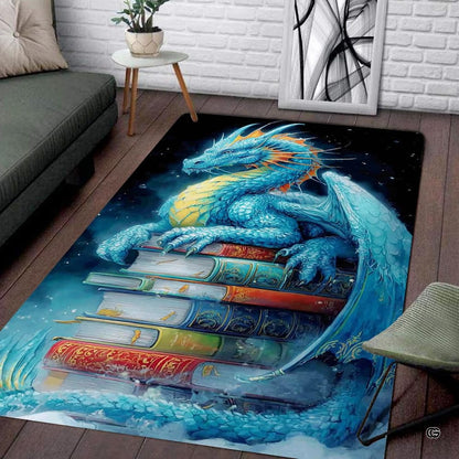 Majestic azure cyan blue dragon with golden horns resting on a tall stack of vintage leather-bound books area rug. - thumbnail image 7 of 8
