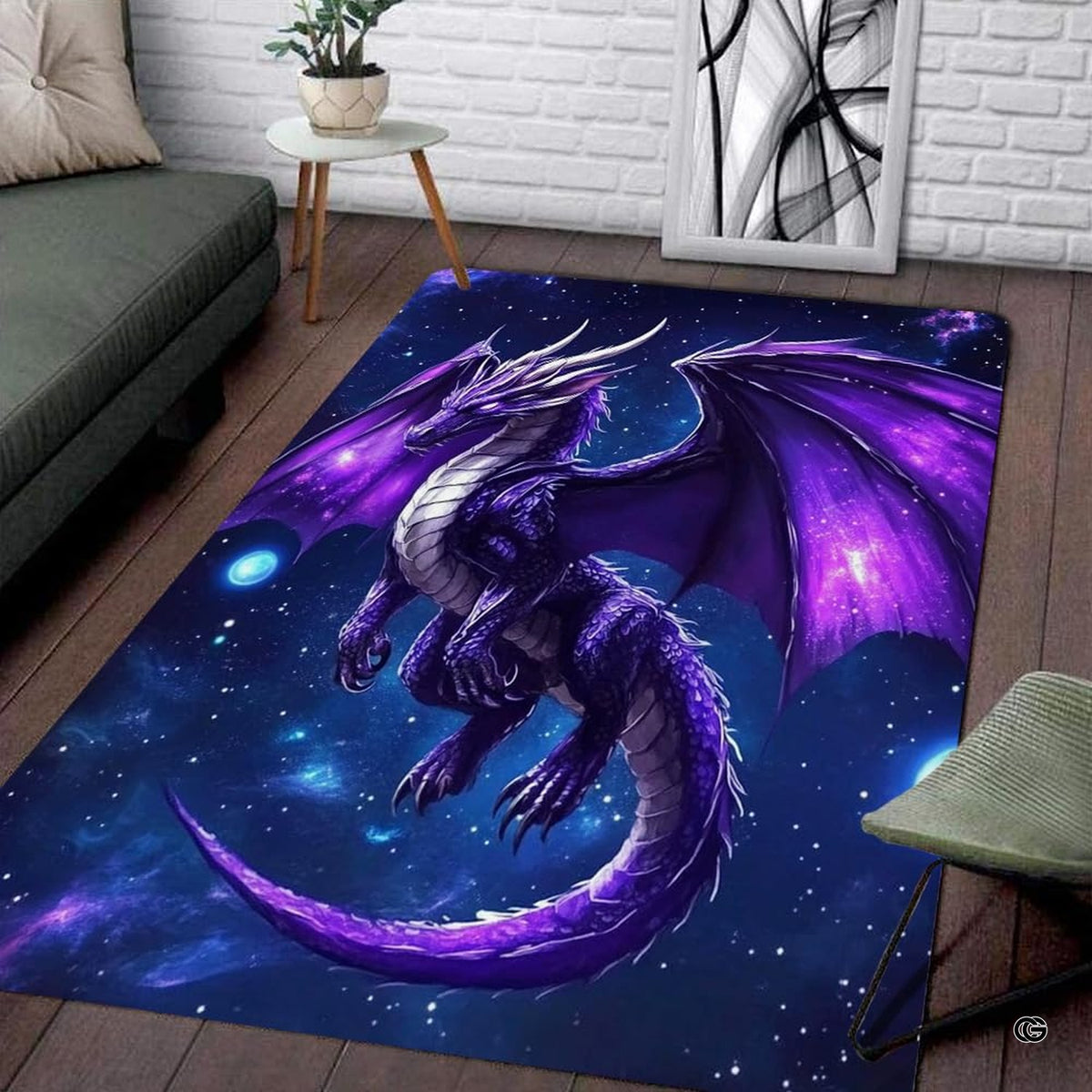 Overhead view of a purple dragon area rug displaying cosmic planetary orbs and starry constellation details.