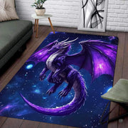 Overhead view of a purple dragon area rug displaying cosmic planetary orbs and starry constellation details. - thumbnail image 2 of 8