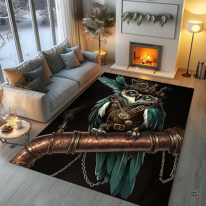 Angle view of steampunk area rug highlighting intricate gear details and avian artwork. - thumbnail image 7 of 8