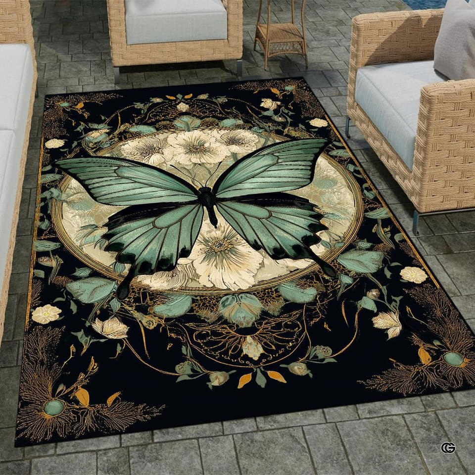 Art Nouveau mint butterfly gilded botanical floral area rug in primary perspective