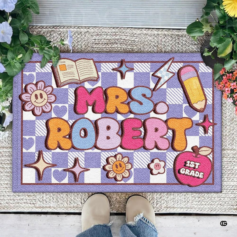 Personalized Teacher Welcome Door Mat with Name, Composition Notebook Style, Perfect Classroom Decor & Back to School Gift for Teachers (Colorful Class #1)