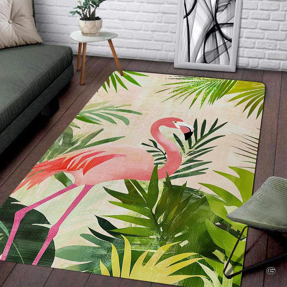 Tropical pink flamingo jungle palm living room area rug with vibrant botanical greenery