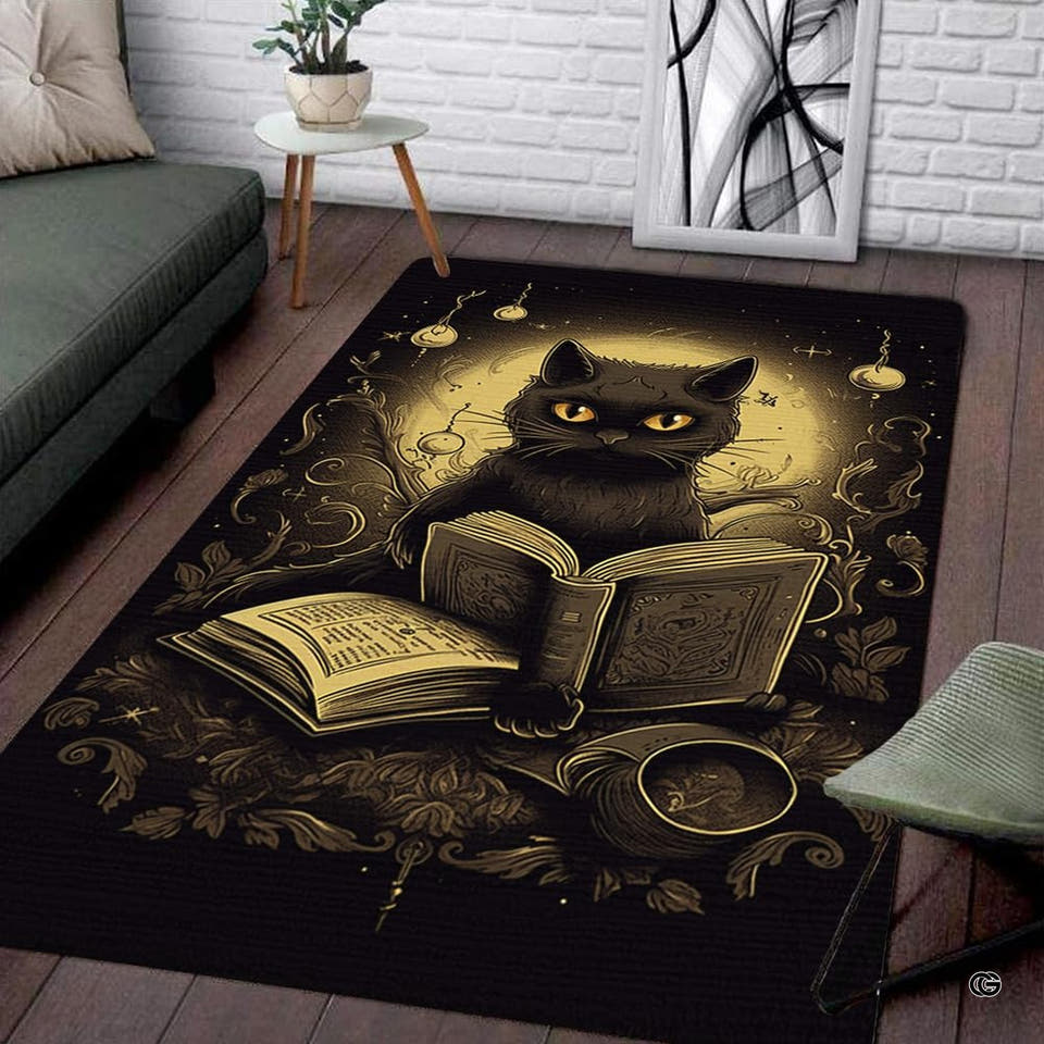 Gothic reading black cat with magic book rectangular area rug on black.