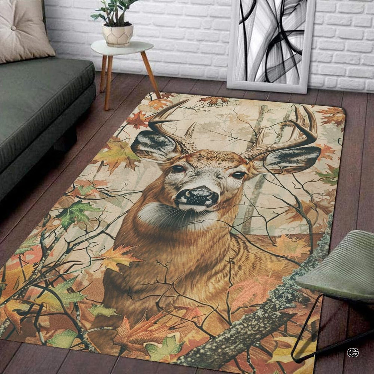 Autumn buck deer area rug showing whitetail stag artwork and fall foliage.