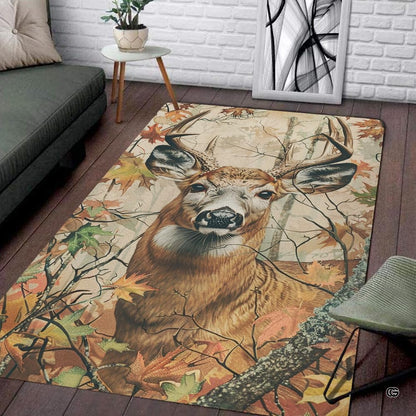Autumn buck deer area rug showing whitetail stag artwork and fall foliage. - thumbnail image 1 of 7
