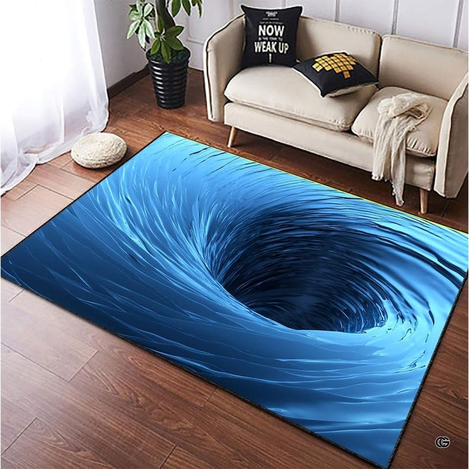 Deep blue vortex optical illusion rugs displaying swirling liquid waves in a contemporary living space.