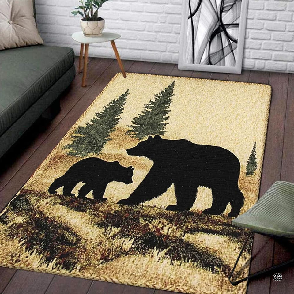 Pooh bear area rug visual with mother bear and cub silhouettes among pine cabin treetop borders