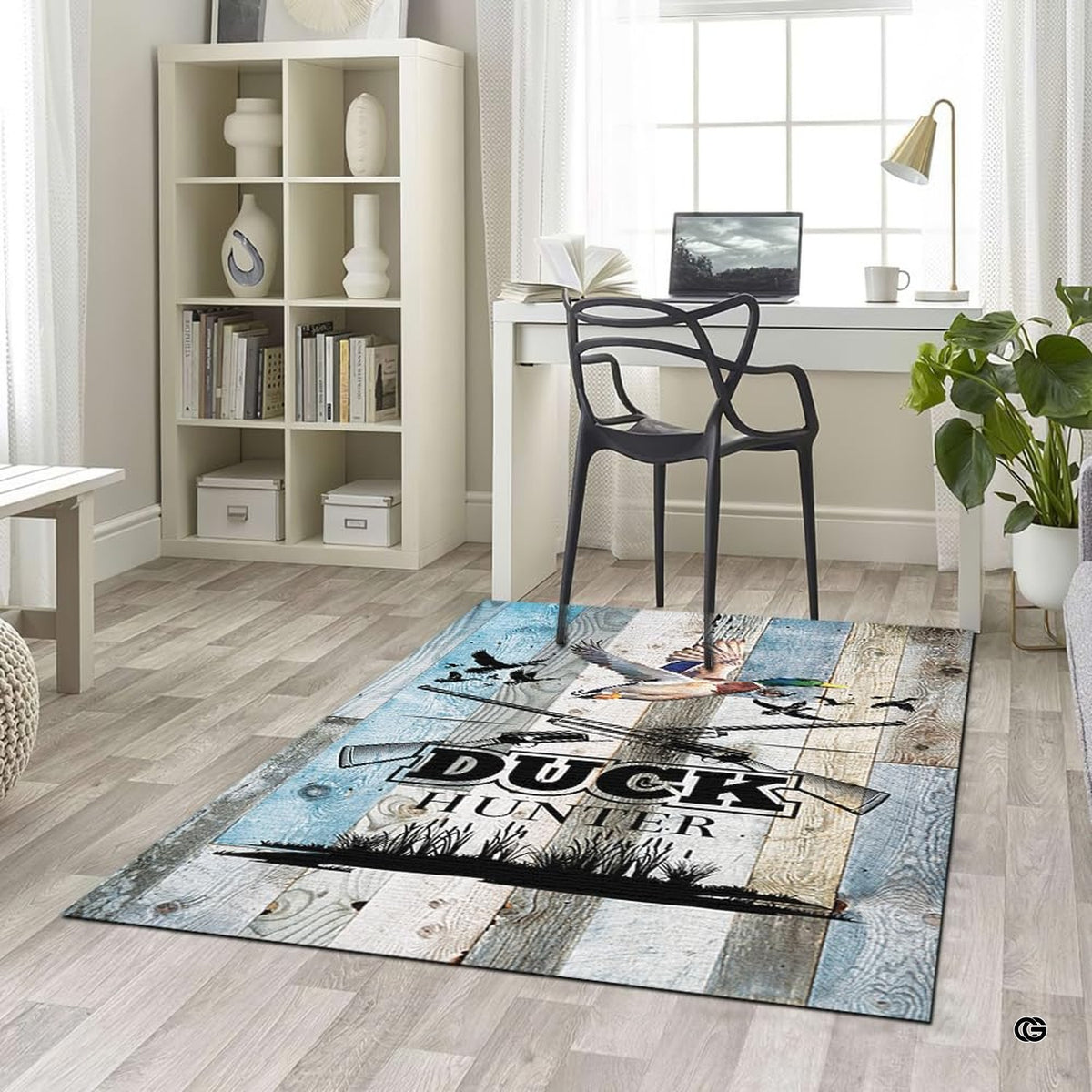 Full layout of rustic waterfowl wood area rug with flying mallard and distressed blue plank styling. - image 6 of 6