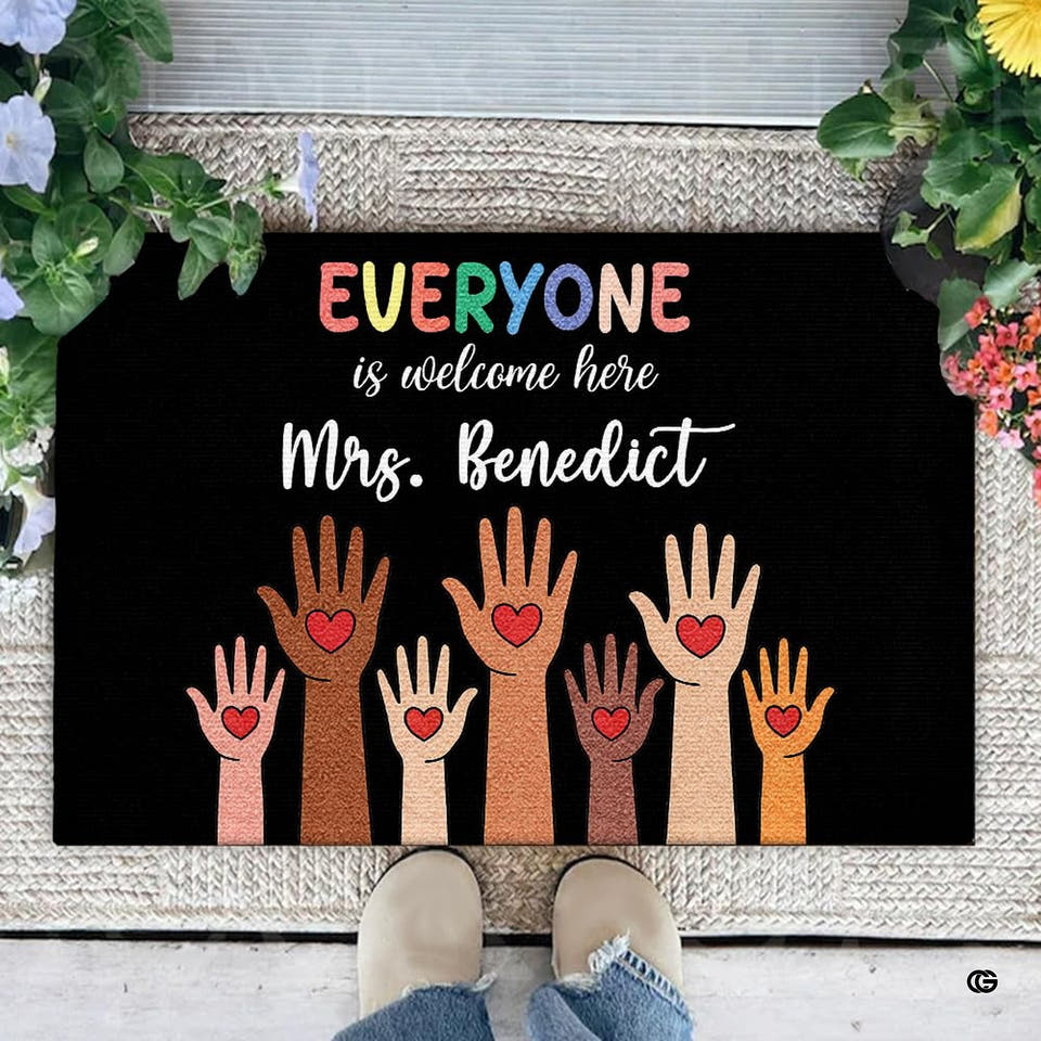 Personalized Teacher Welcome Door Mat with Name, Composition Notebook Style, Perfect Classroom Decor & Back to School Gift for Teachers (Everyone is Welcome)