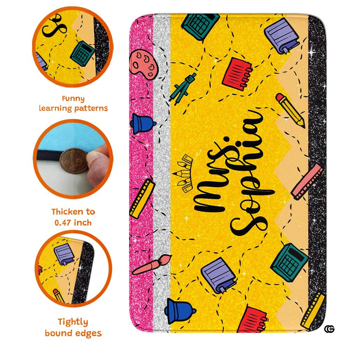 Bright classroom corner with bookshelves displaying the educational pencil rug