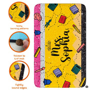 Bright classroom corner with bookshelves displaying the educational pencil rug - thumbnail image 6 of 8