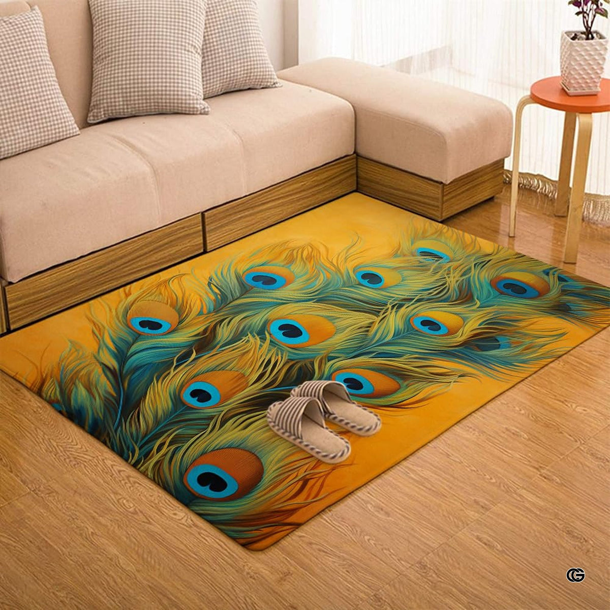 Overhead layout view of the rectangular golden peacock wildlife area rug