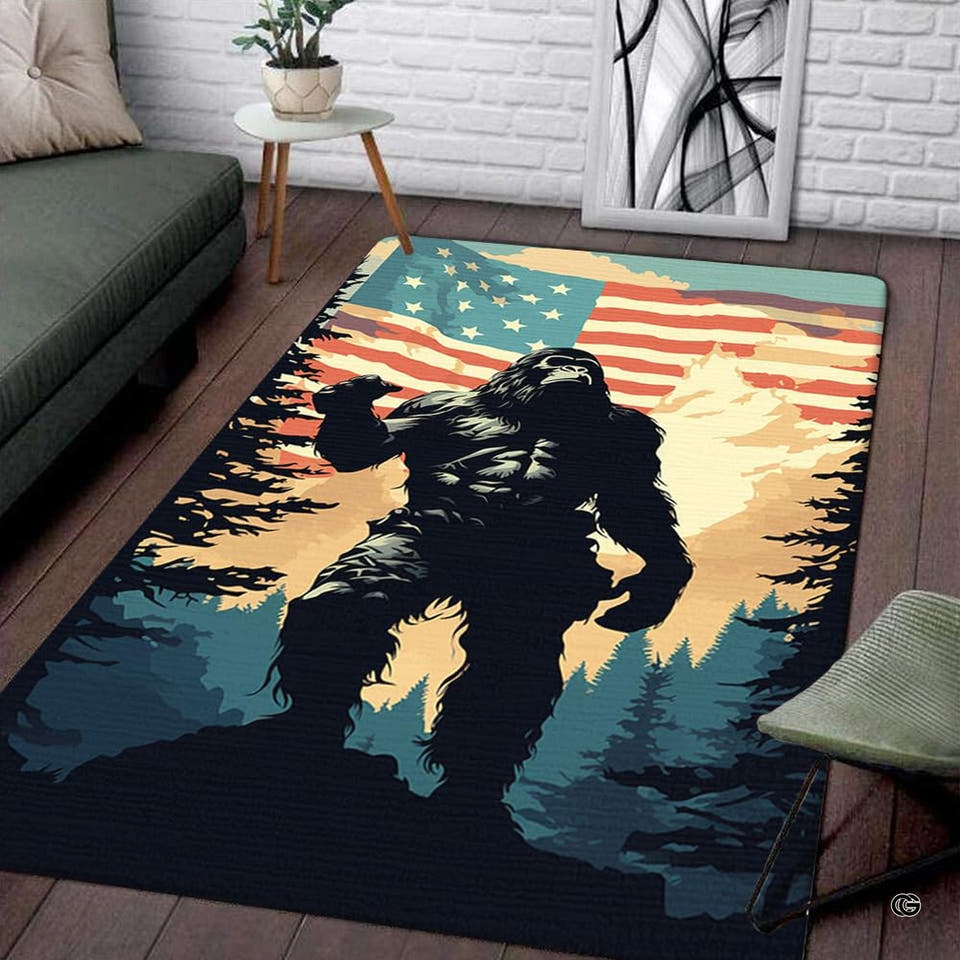 Bigfoot silhouette walking through pine trees over vintage American flag on an area rug.