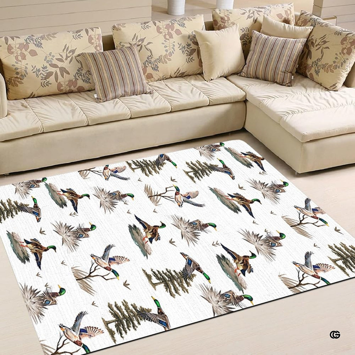 Close-up detail of mallard duck illustrations and marsh reeds on a crisp white pattern area rug. - image 2 of 6