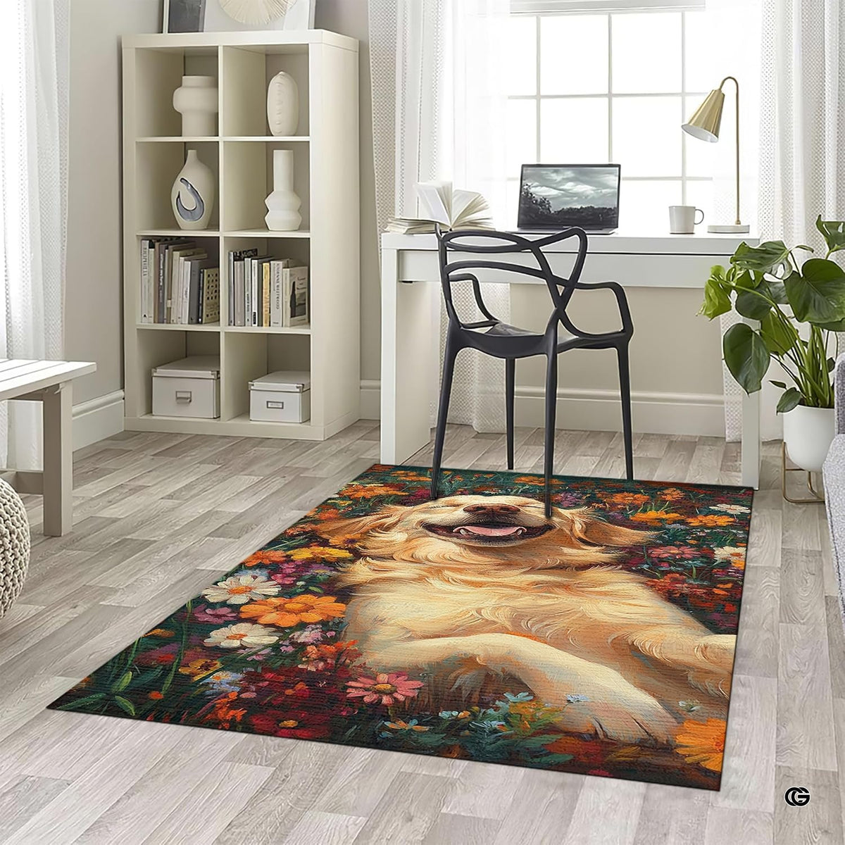 Detail of oil painting style meadow blossoms on a floral golden retriever area rug.