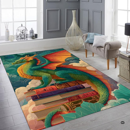Emerald green and orange winged dragon perched on antique storybooks against a sky of pastel clouds area rug. - thumbnail image 5 of 6