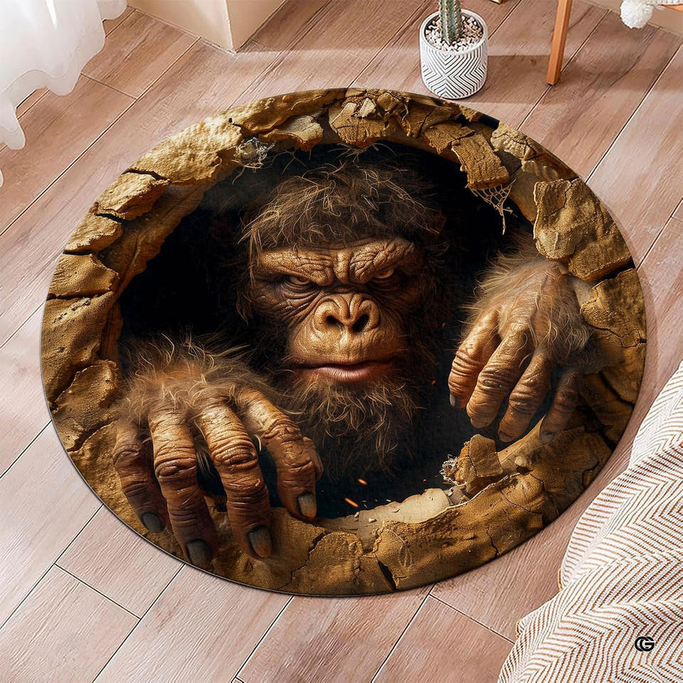 Hairy primate cavern round area rug displaying an emerging creature across plank flooring.
