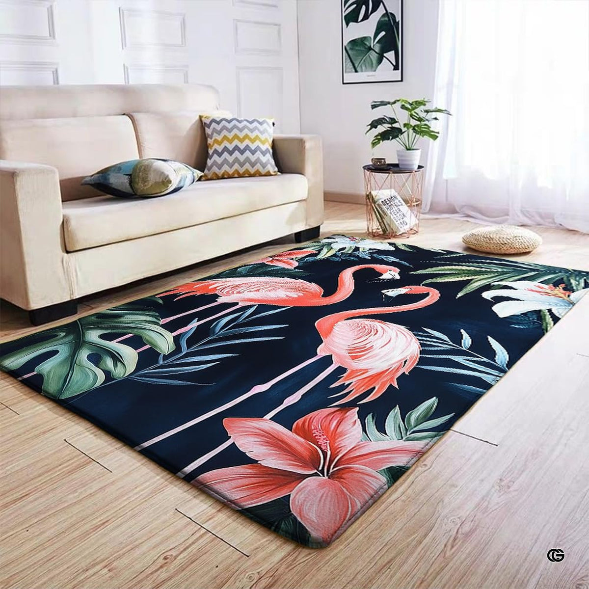 Pink flamingo area rug styled beneath contemporary wooden coffee table