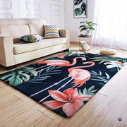 Pink flamingo area rug styled beneath contemporary wooden coffee table - thumbnail image 5 of 7