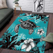 Monochrome Honu sea turtle turquoise illustration rectangular area rug. - thumbnail image 1 of 7