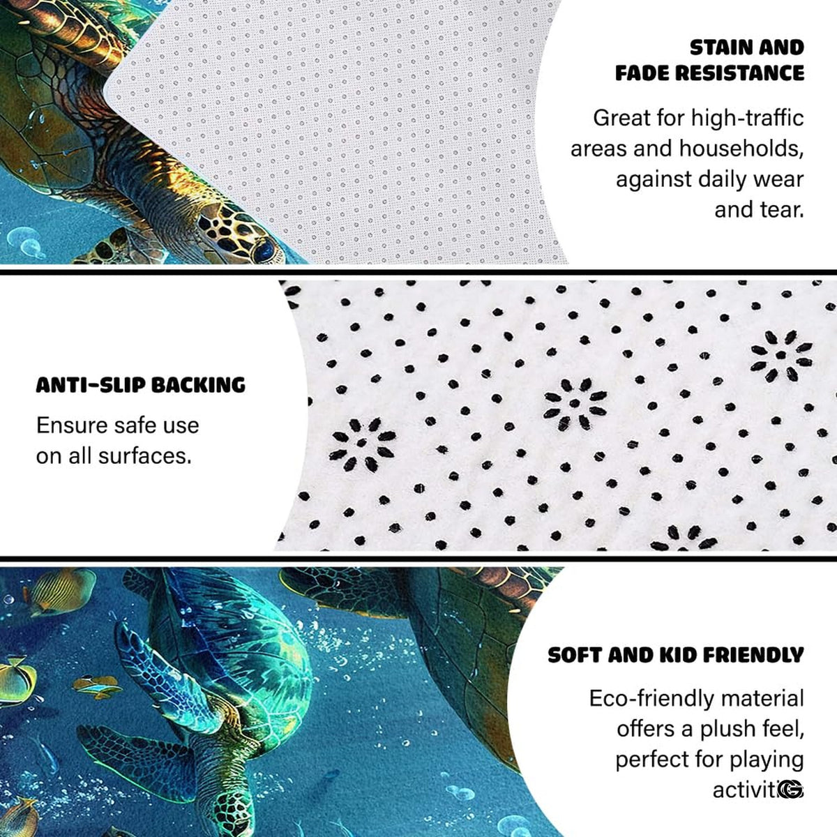 Non-slip grip backing texture and resilient construction of sea turtle area rug.