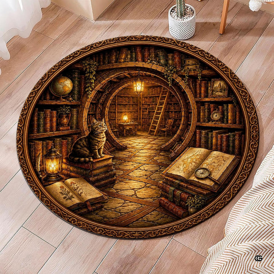 Fantasy library tunnel cozy reading rug with antique bookshelves and tabby cat