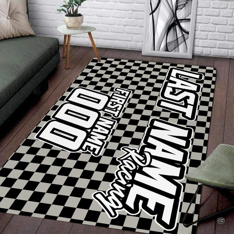 Personalized Checkered Flag Race Car Area Rug, Non-Slip