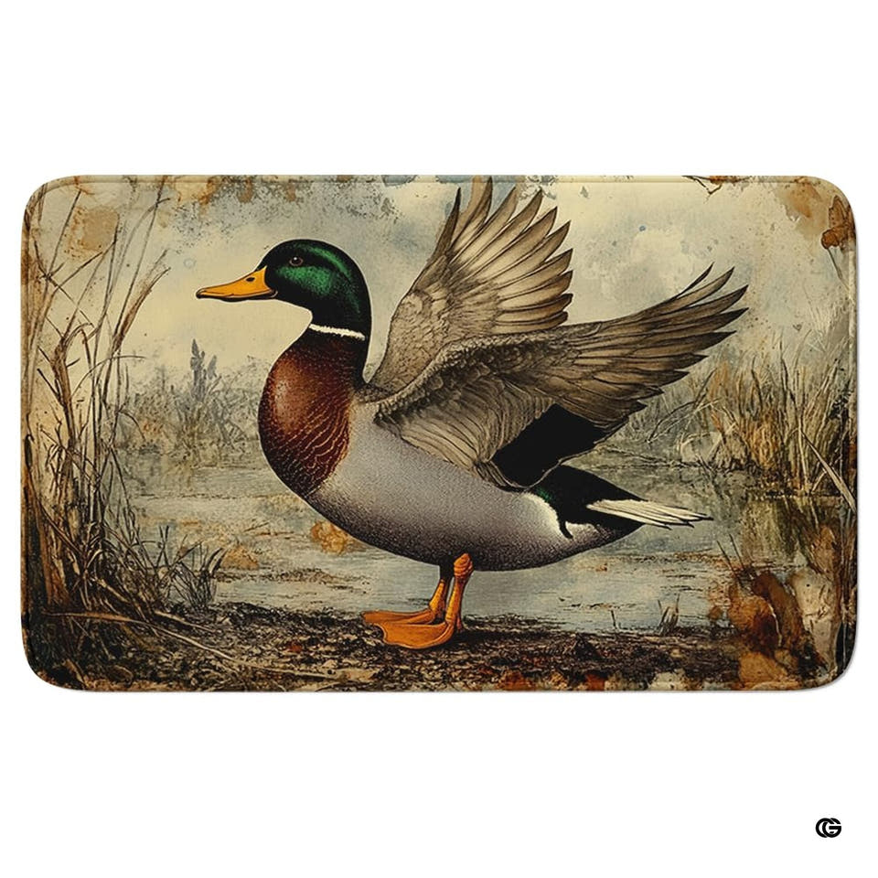 Vintage watercolor mallard duck area rug featuring outstretched wings and wetland reeds.