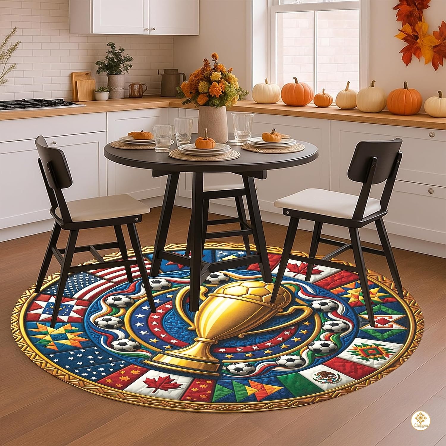 Custom Soccer Championship Round Rug with Trophy and Flag Details
