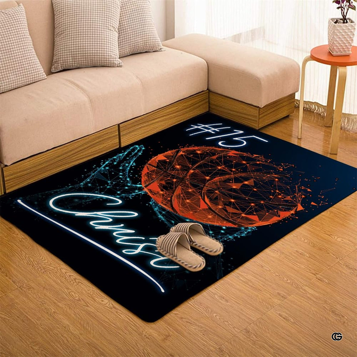 Neon wireframe basketball area rug displayed beside living room couch and table.
