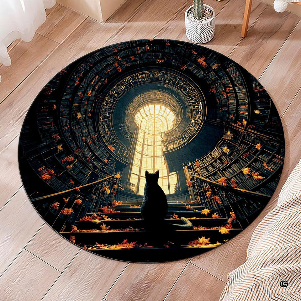 Round area rug showing a dark spiral library with a cat and glowing window on light wood floor