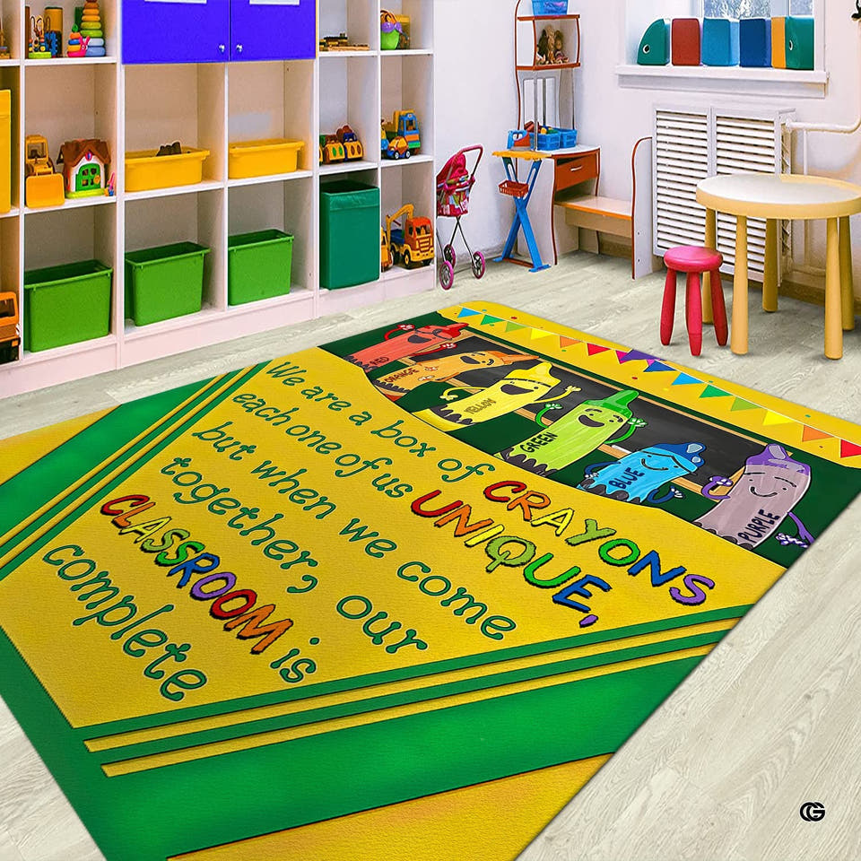 Overhead view of thematic accent crayon classroom rug with six smiling rainbow cartoon thematic accent and colorful...