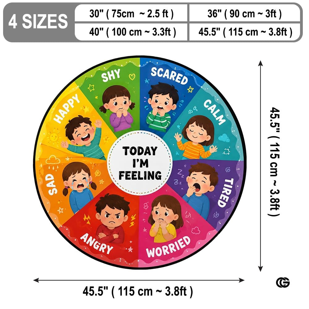 Wheel of Feelings and Emotions Round Rug, Educational Mental Health Rug for Classroom, Educational Animal Shape School Mat, Back to School Gift (Feeling 1)