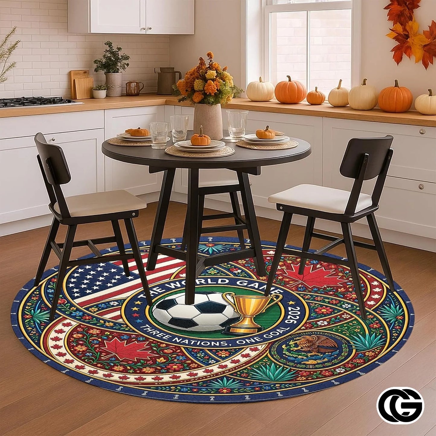 Custom Soccer 2026 Round Rug with Trophy and Flag Design