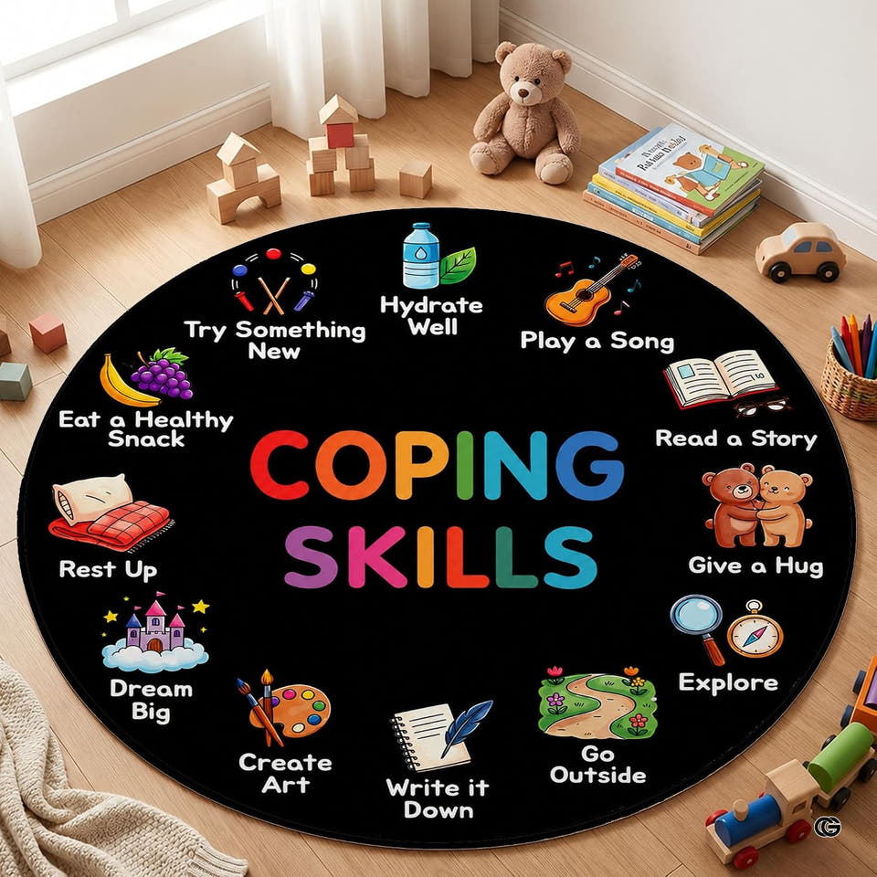 Circular classroom area rug with segmented pastel wellness icons and stitched border edging.