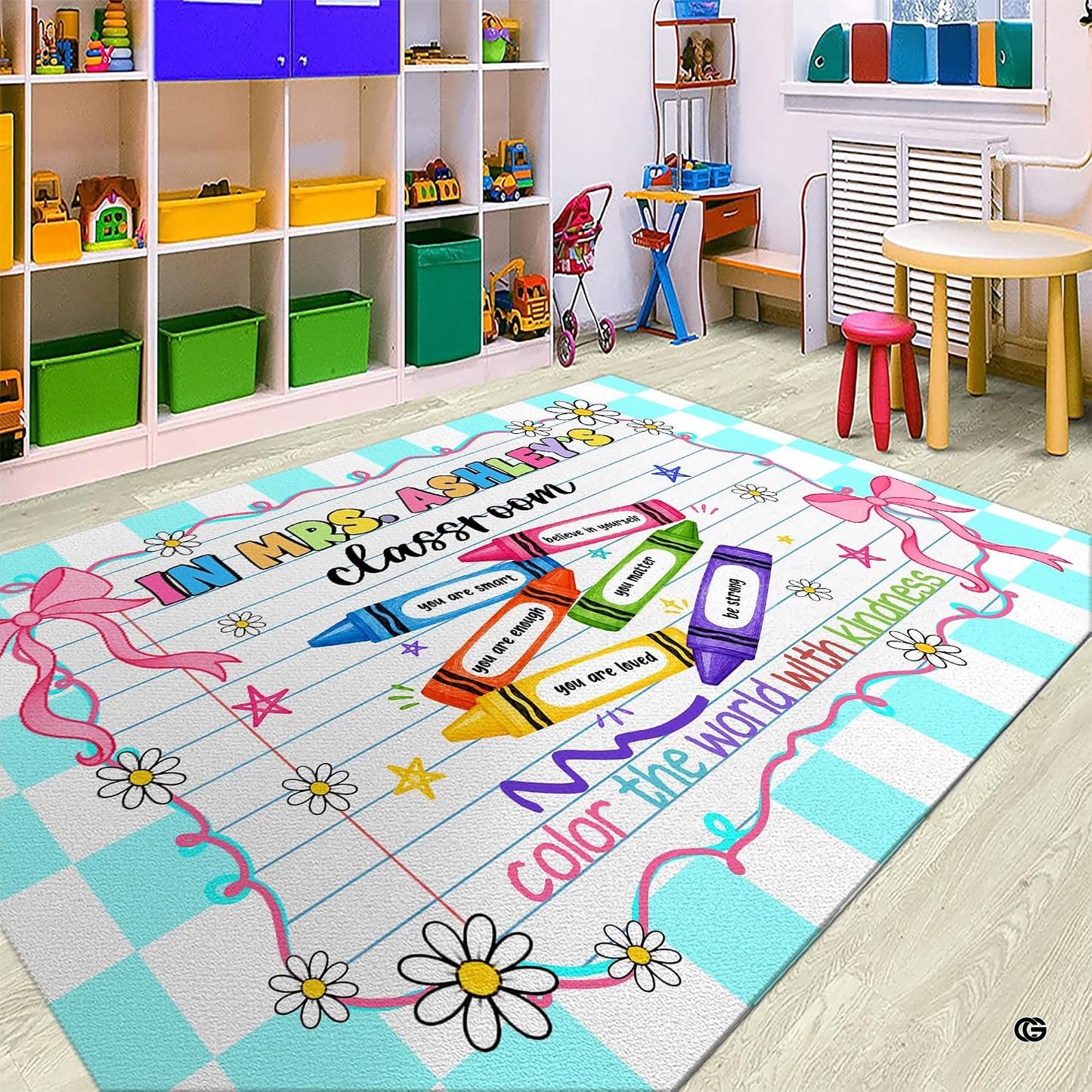 Personalized Teacher Classroom Rug, Custom Back to School Welcome Mat with Name, Kindergarten Preschool Elementary Decor, Composition Notebook Carpet (A06)