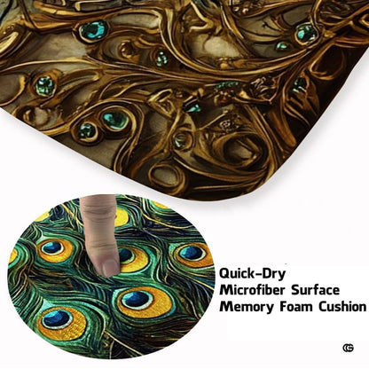 Close-up view of the soft microfiber surface, gilded gold scrollwork, and peacock feathers - thumbnail image 3 of 8