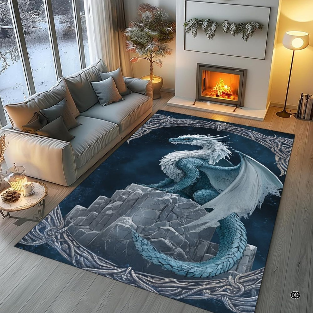 Bright sunroom setting with the fantasy ice dragon rug centered on wooden flooring
